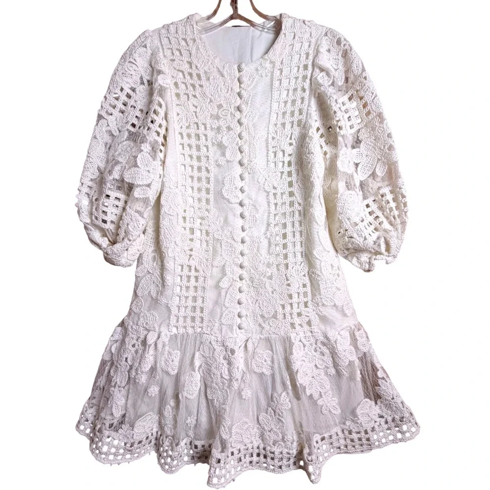 Alexis Dresses | Alexis Zozorio White Lace Crochet Mini Dress Xs Puff Sleeve Bridal Shower | Color: White | Size: Xs | Emtanner24's Closet